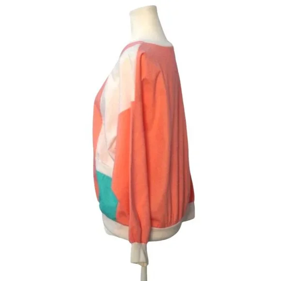 Vintage Color Block Shirt, Peach Aqua White Top, Womens Size L, Granny - Picture 5 of 10